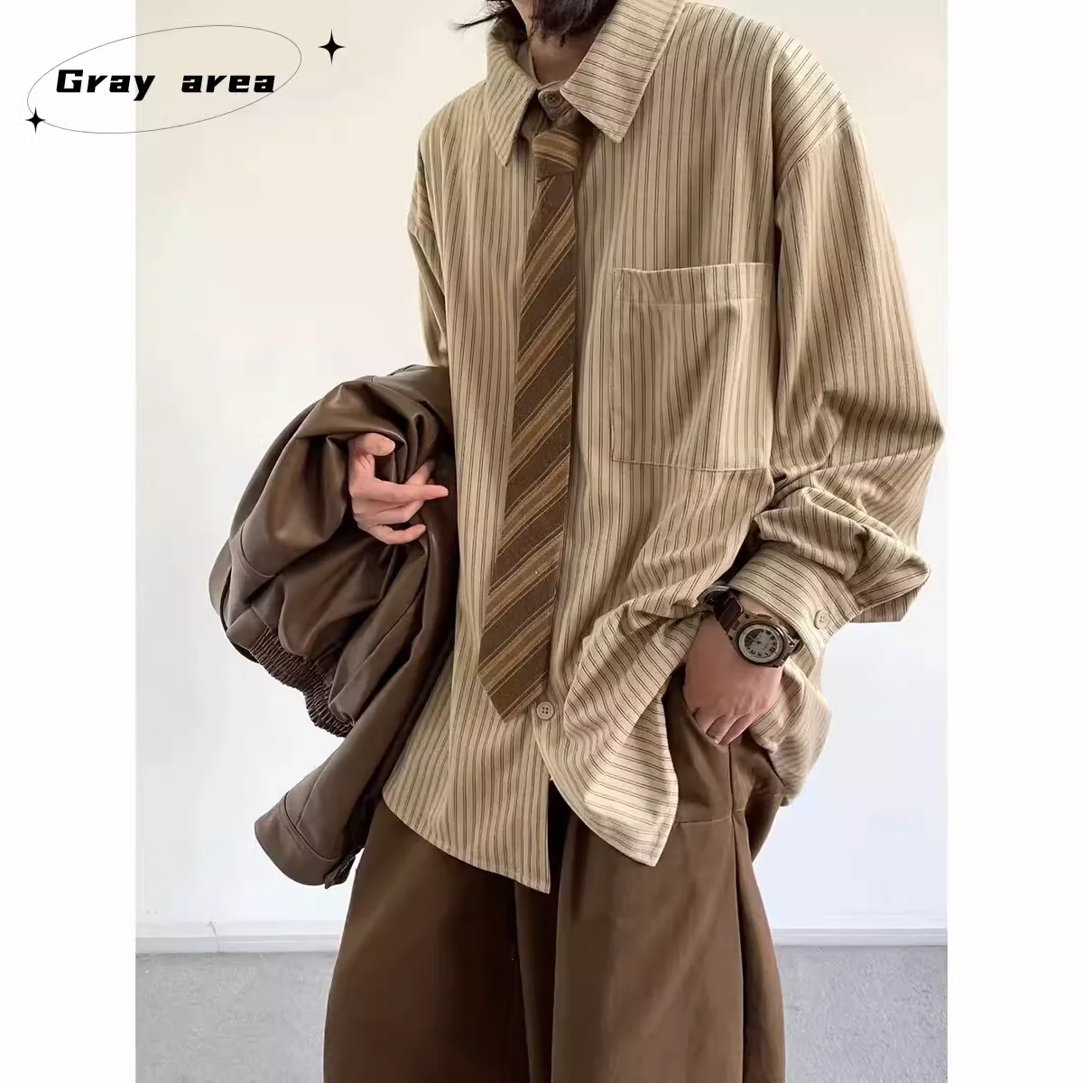 Retro Japanese Style Corduroy Long Sleeve Shirt Loose Casual Spring Autumn Unisex College Style Striped Patterned Set