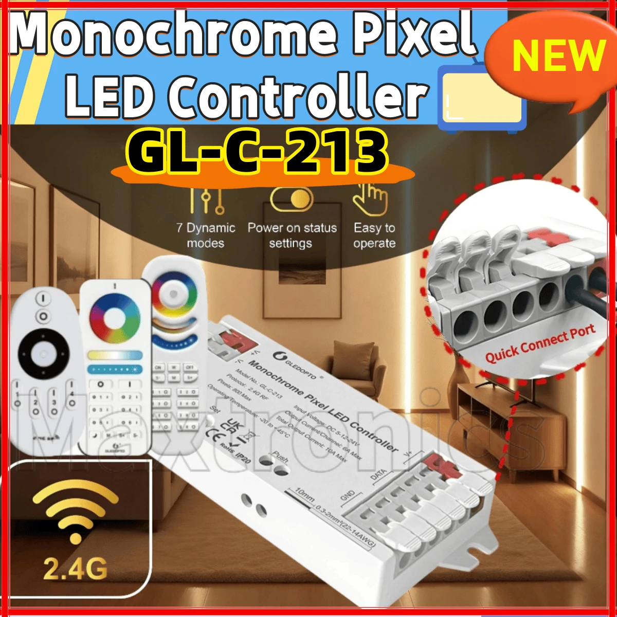 

DC5-24V 2,4G RF монохромный пиксельный светодиодный контроллер 800IC Макс. 7 динамических режимов GL-C-213/GL-RC-002 Пульт дистанционного управления для одноцветной светодиодной ленты