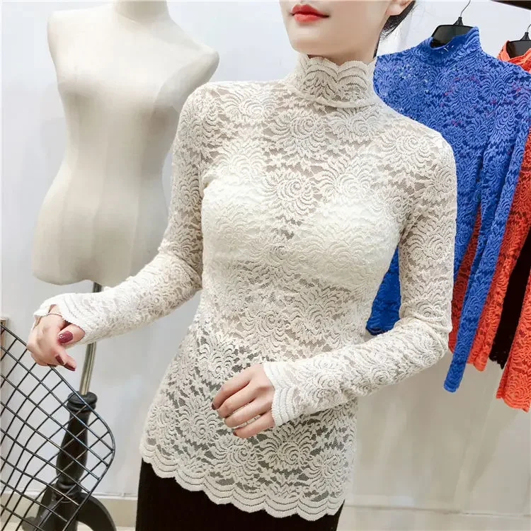 Lace Women\'s Long Sleeve Turtleneck Mesh Top Women\'s Hollow Slim Elastic Blusas Ropa De Mujer