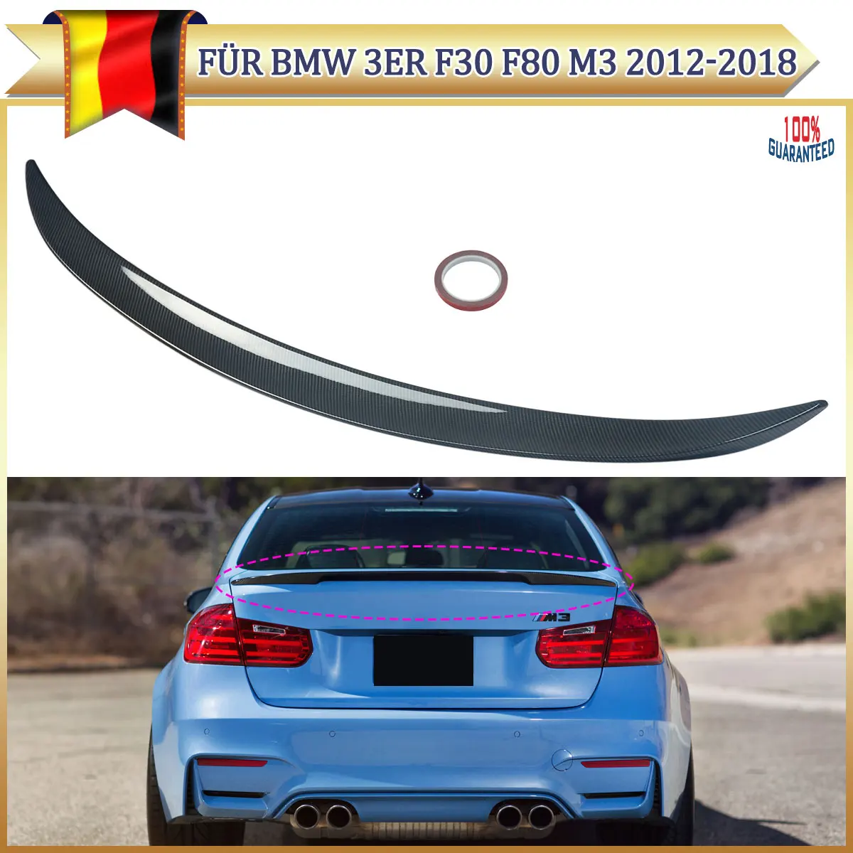 Image of Für BMW 3er F30 F80 Limousine M3 316d 320i 2012-2018 Heckklappen-Dachspoiler Flügel Lippe Exterieur Carbon-Optik Karosserie-Kit ABS