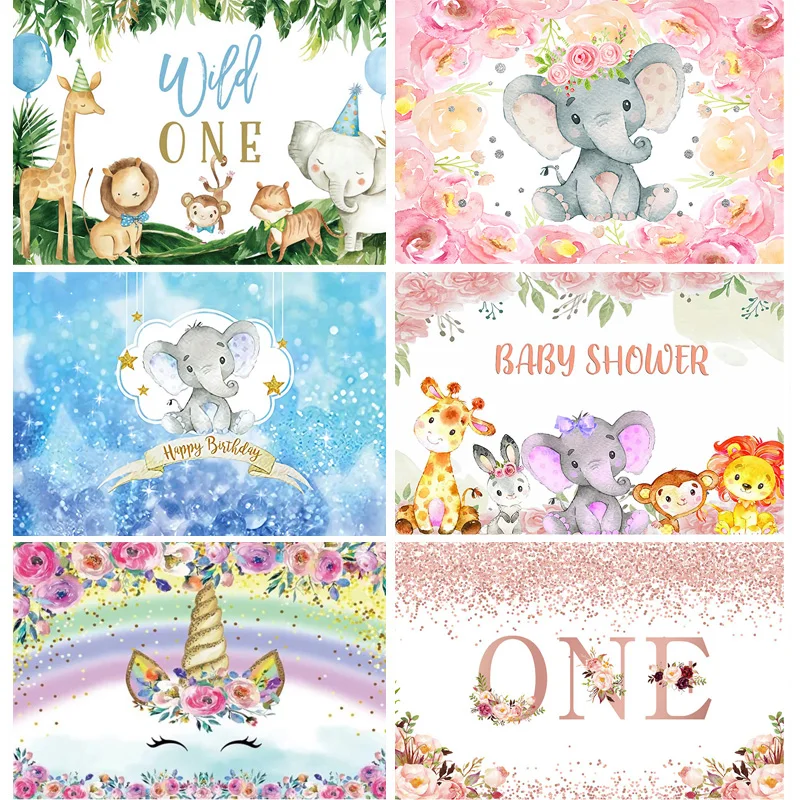 

Happy Birthday Party Wild One Photography Backdrops Props Newborn Baby Animals Elephant Safari Photo Studio Background WP-33