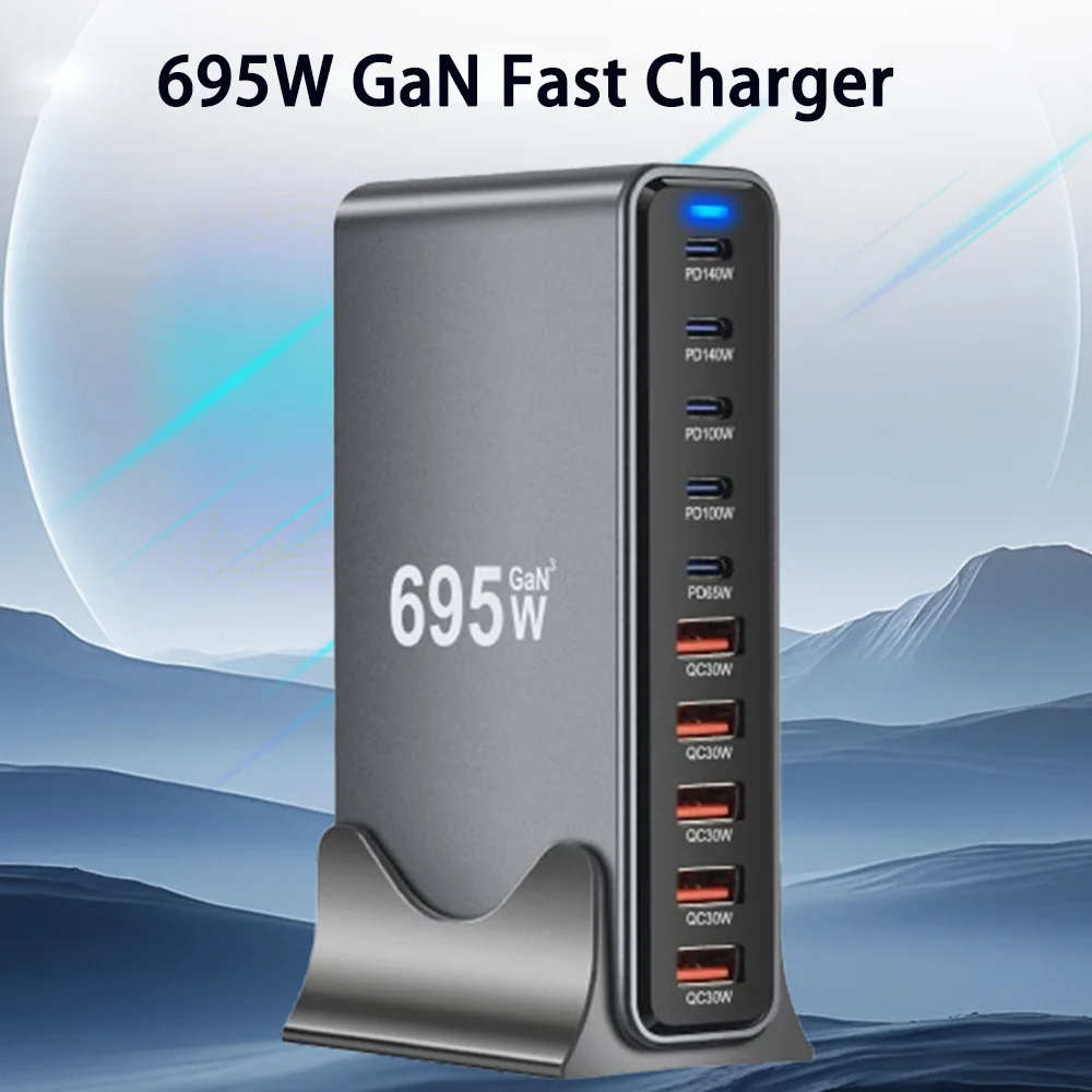 Горячее быстрое зарядное устройство GaN 695 Вт, 10-портовое USB C, двойная станция быстрой зарядки 140 Вт PD3.1 для iPhone 16, Samsung MacBook, настенное зарядное устройство для ноутбука