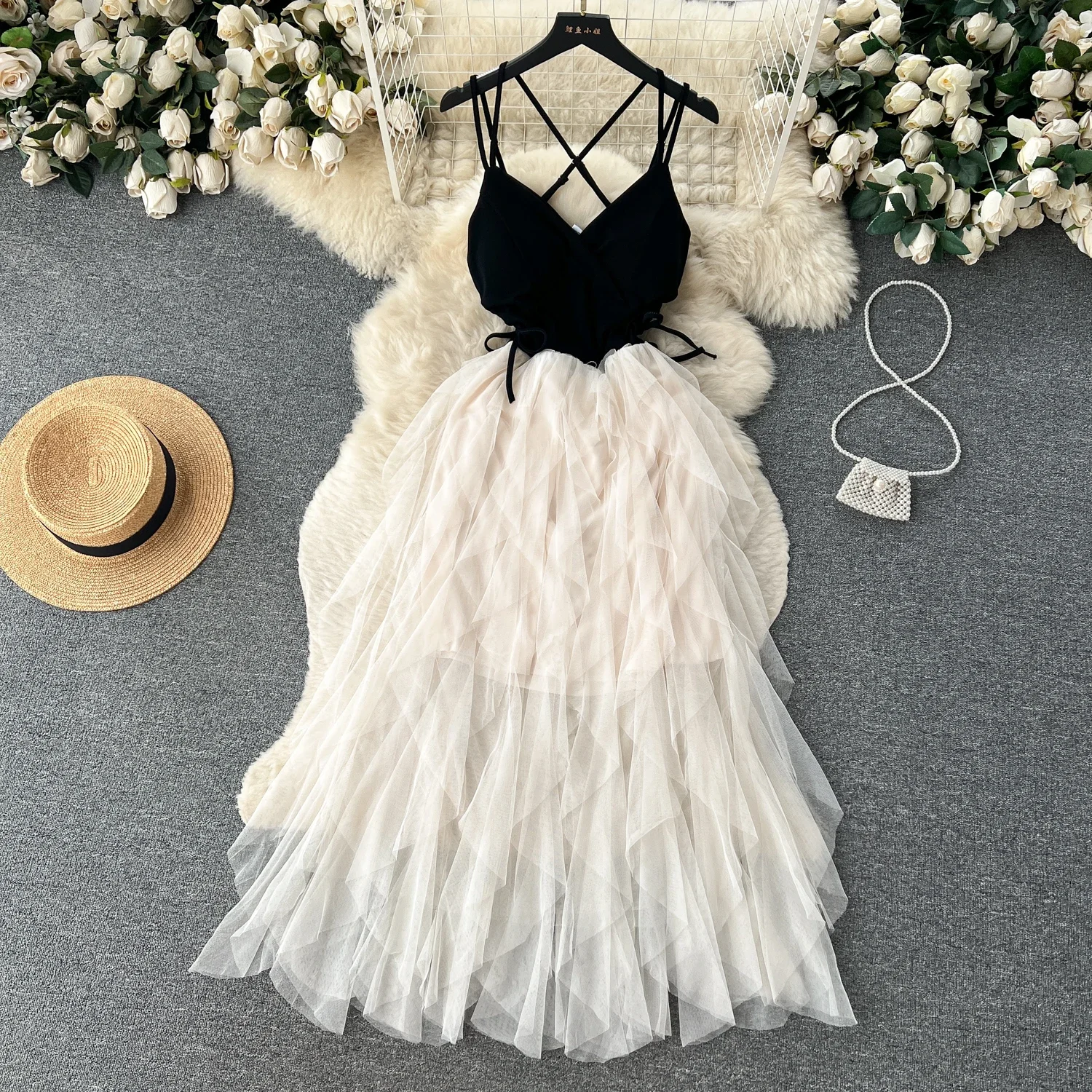 

French Elegant Birthday Party Sweet Fairy Dreses Summer Sleeveless Backless Slip Long Dress Fashion Patchwork Mesh Tulle Dresses