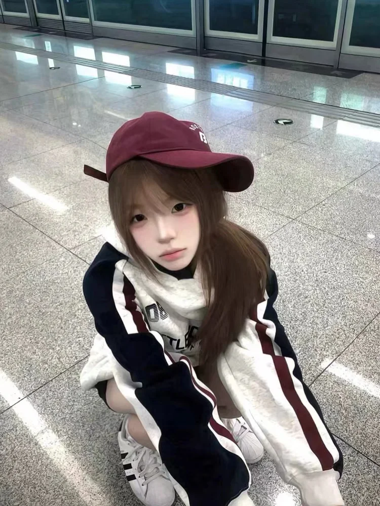 레트로 아메리칸 스플라이스 컬러 블록 후드티 여성용 오버사이즈 레이지 스타일 루즈 시크 아우터웨어 긴팔 스트릿웨어 스트라이프 프린트