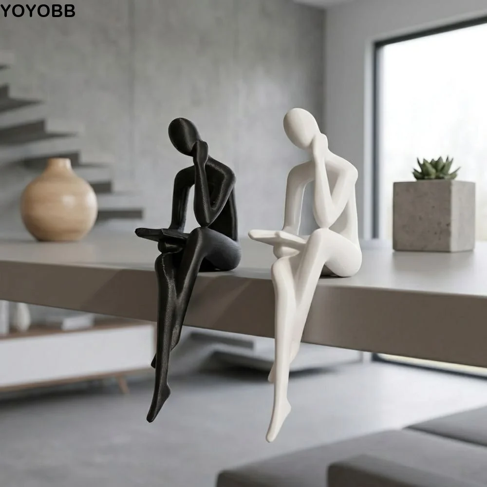 Minimalist Abstract Thinker Sitting Figurine Plastic Long Leg Edge Sitter Character Sculpture 3D Printing Modern