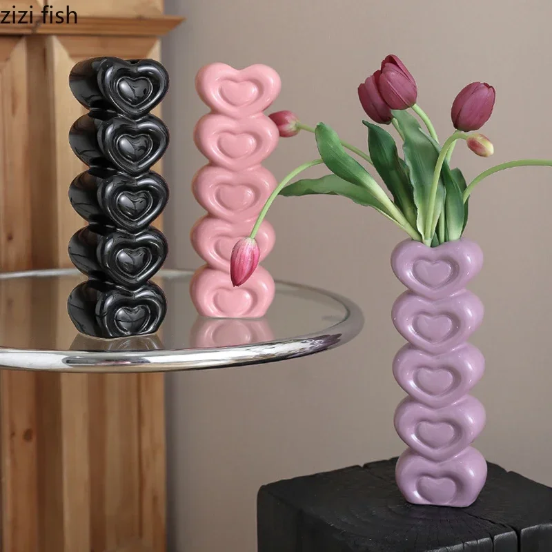 Heart Shape Stacked Ceramic Vase Hydroponic Vase Flower Arrangement Vase Desktop Creative Art Flower Ware Home Decoration Crafts