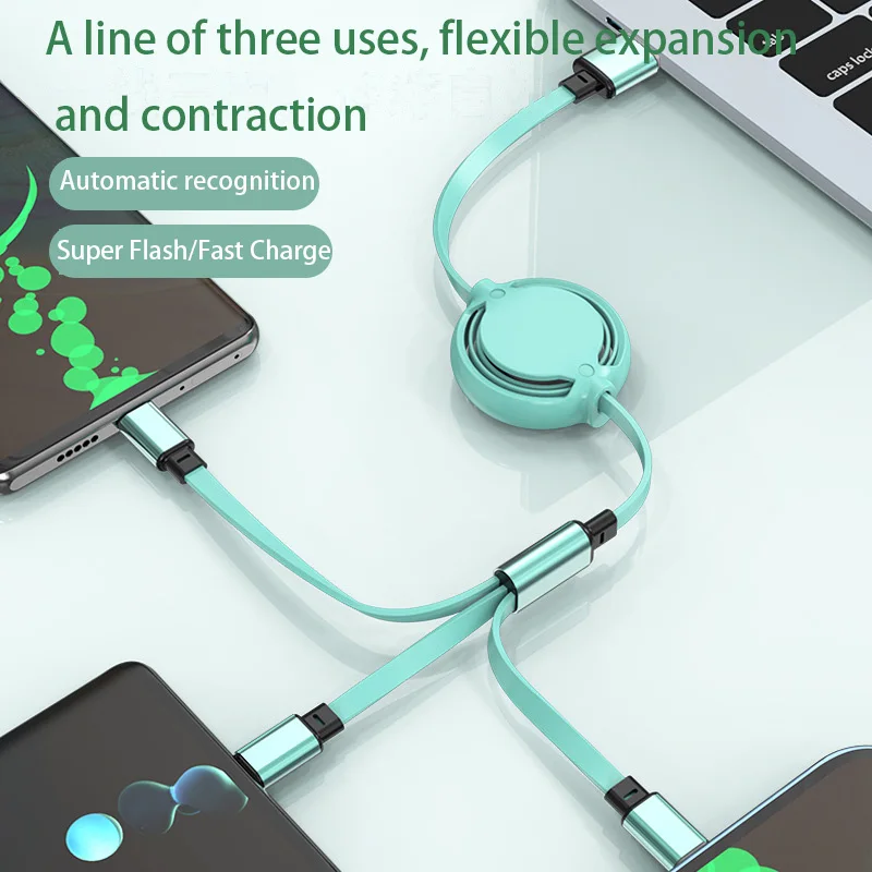 สายชาร์จ USB 3in1 สายชาร์จแบบพับเก็บได้ สาย USB ที่จําเป็นสําหรับการเดินทางอย่างรวดเร็ว โทรศัพท์แบบพับเก็บได้สําหรับ Apple Android type-C