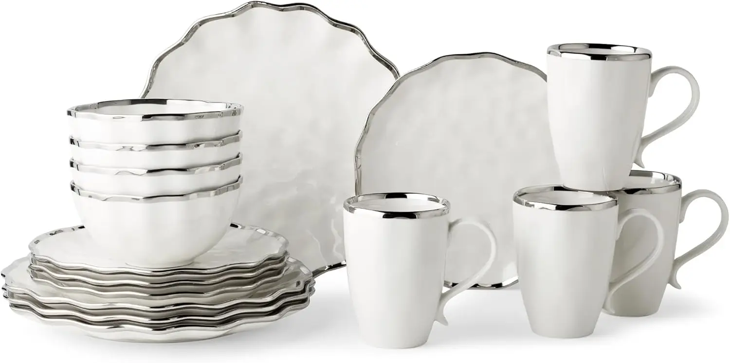 

Regency Silver 16-Piece Porcelain Dinnerware Set – Elegant Silver-Trimmed Plates, Bowls & Mugs – Service for 4 – Durable, Dishwa