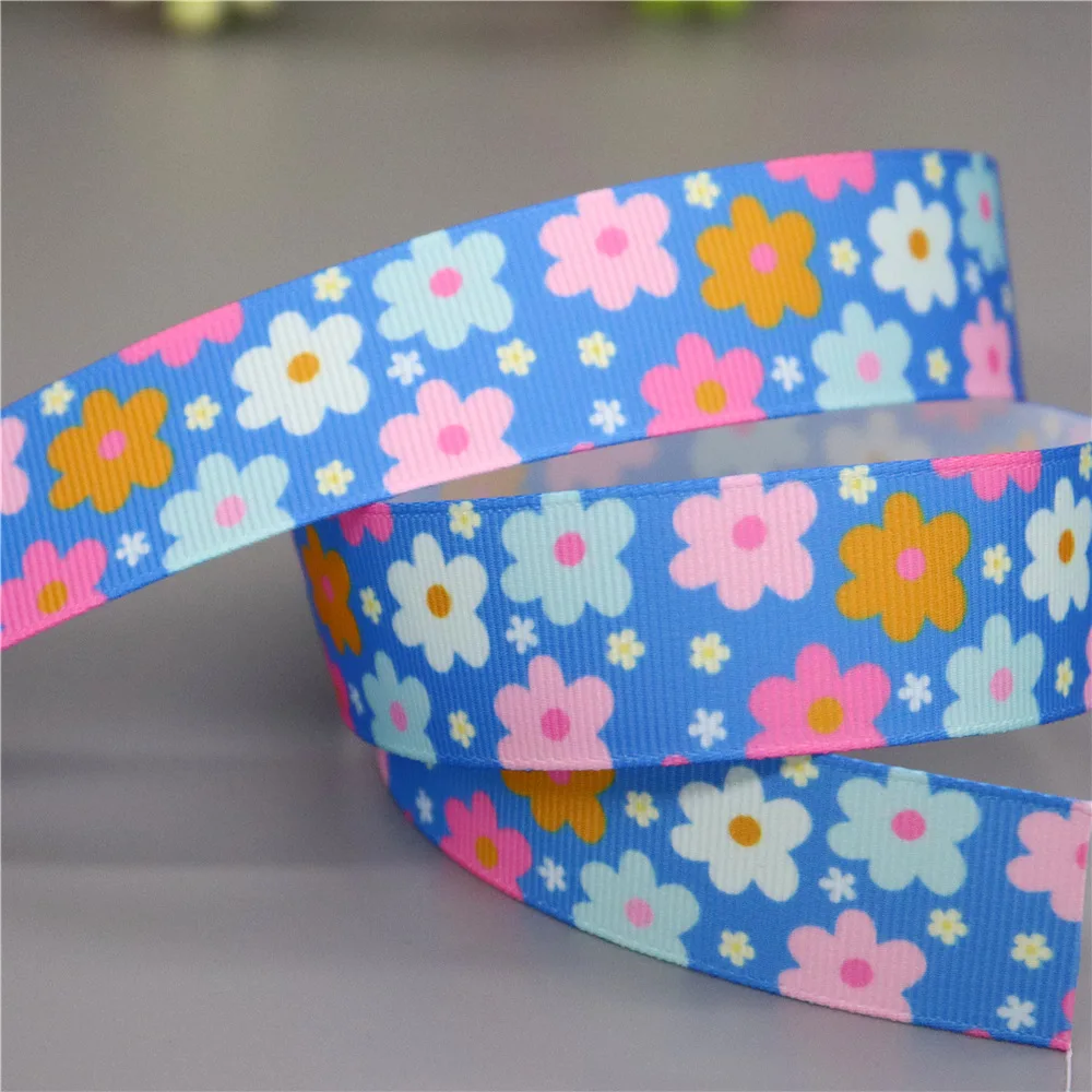 DHK 7/8\'\' 5yards Floral Flower Printed Grosgrain Ribbon Accessories Headwear Decoration Collar DIY Sewing Craft C2628