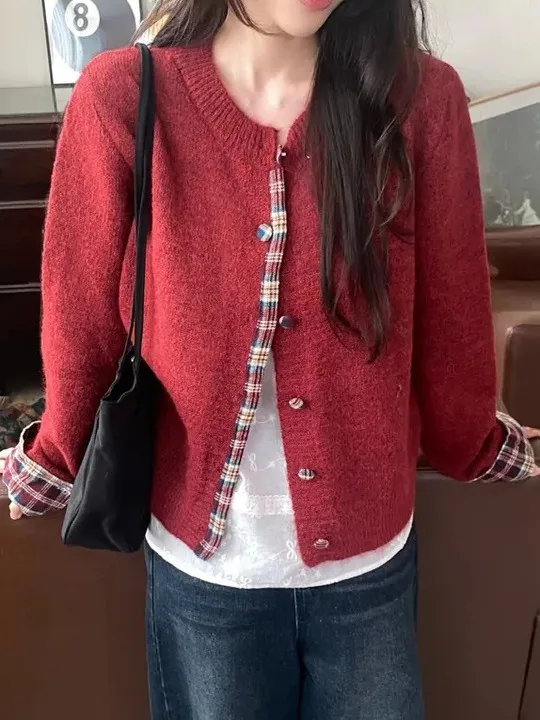 

Korean Sle Sweet Color Blo Plaid Patterned Fake Two-Piece Knitted Cardigan Women's Faionable Autumn Winter Sweater Top