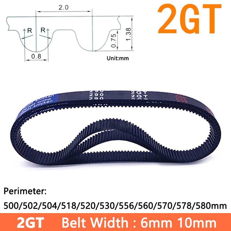 

2GT GT2 Synchronous Timing Belt Perimeter 500/502/504/518/520/530/556/560/570/578/580mm Width 6mm 10mm Rubber Closed Pitch 2mm