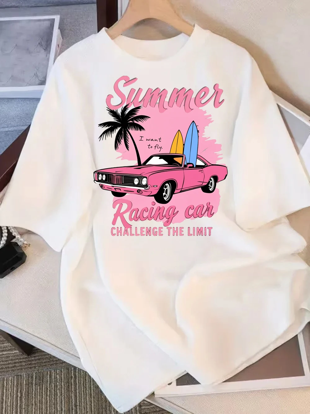 Casual Women Washed T-Shirt Summer Racing Car Challenge The Limit Print Tees Street Tops Fashion O-Neck Clothes  Harajuku