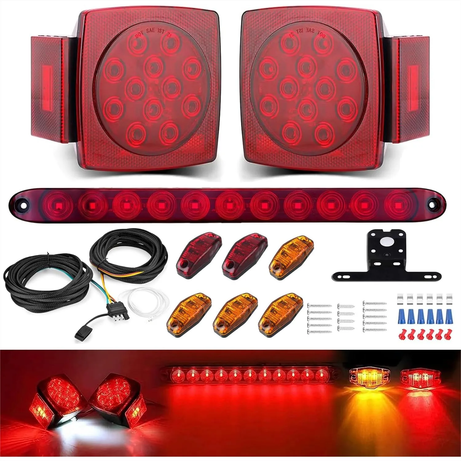 

LED Boat Trailer Lights Kit Submersible Stop Turn Tail Lights with 6 Marker Lights 15" 11-LED Brake Light Bar 25FT Wiring