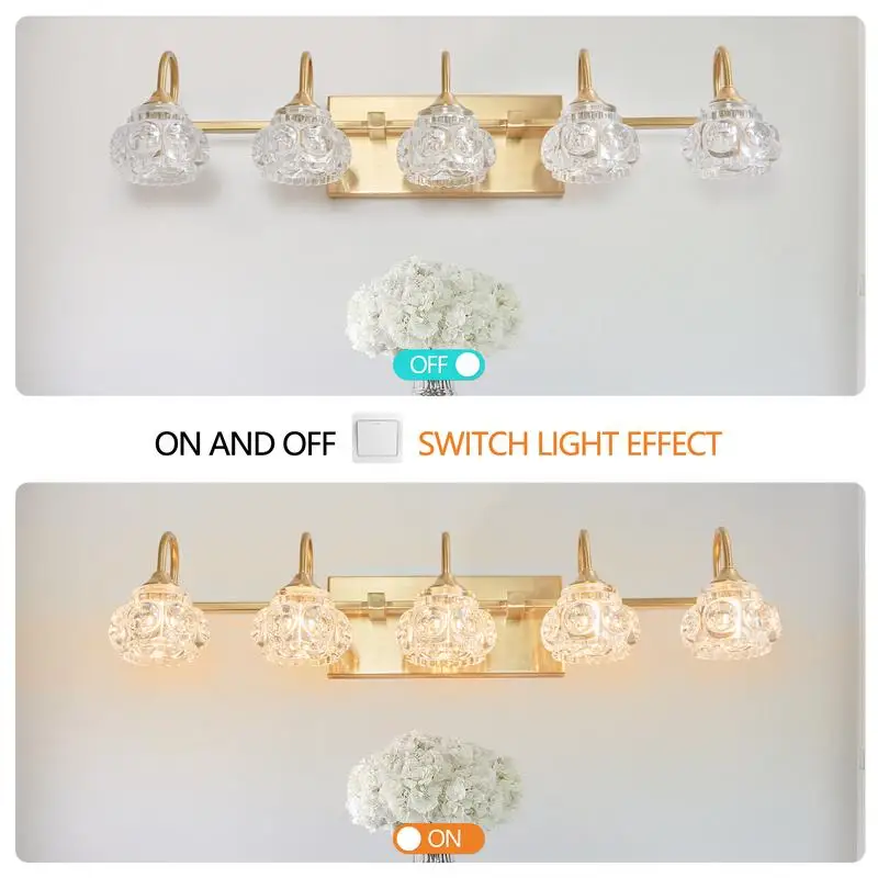 Modern Crystal 5-Light Bathroom Vanity Light, Golden Wall Sconce with Clear Glass Shade, Elegant Wall Mount Lighting for