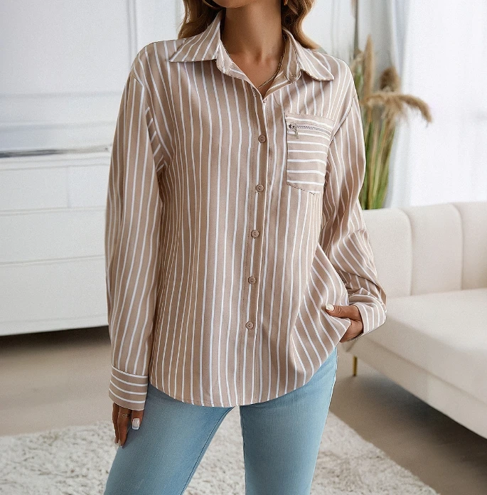 Women's Autumn New Top Temperament Loose Button Cardigan Striped Long Sleeved Shirt Shipped Within 48 Hours