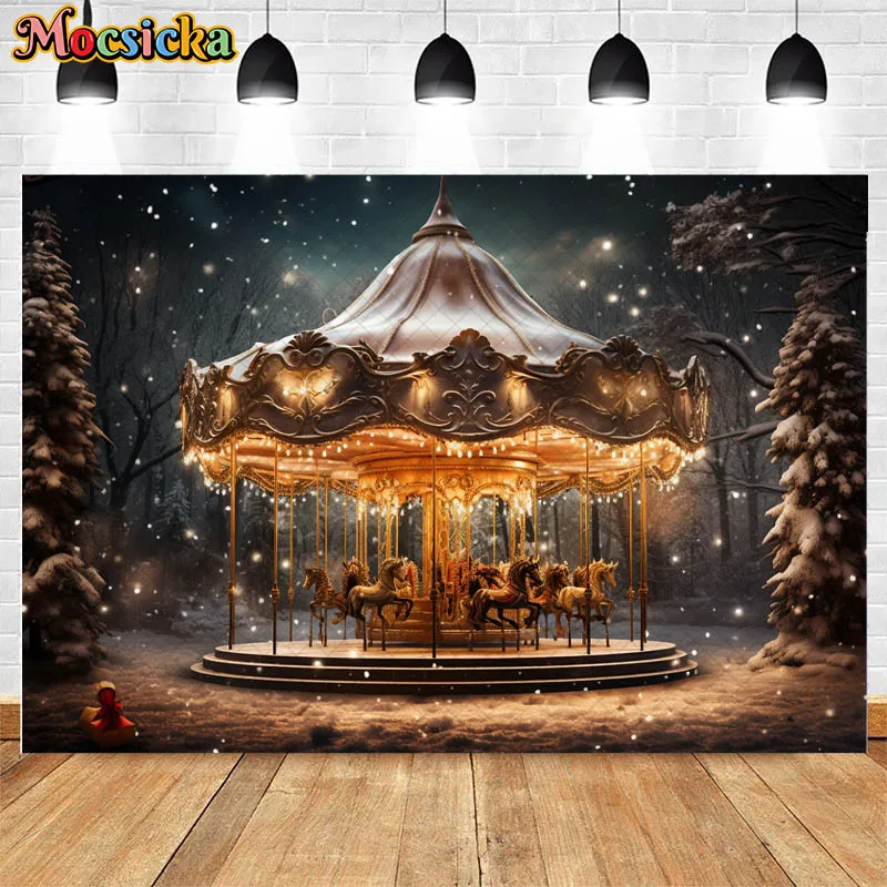 Mocsicka Christmas Amusement Park Carousel Background For Kids Portrait Photography Winter Forest Snowflake Decoration Banner