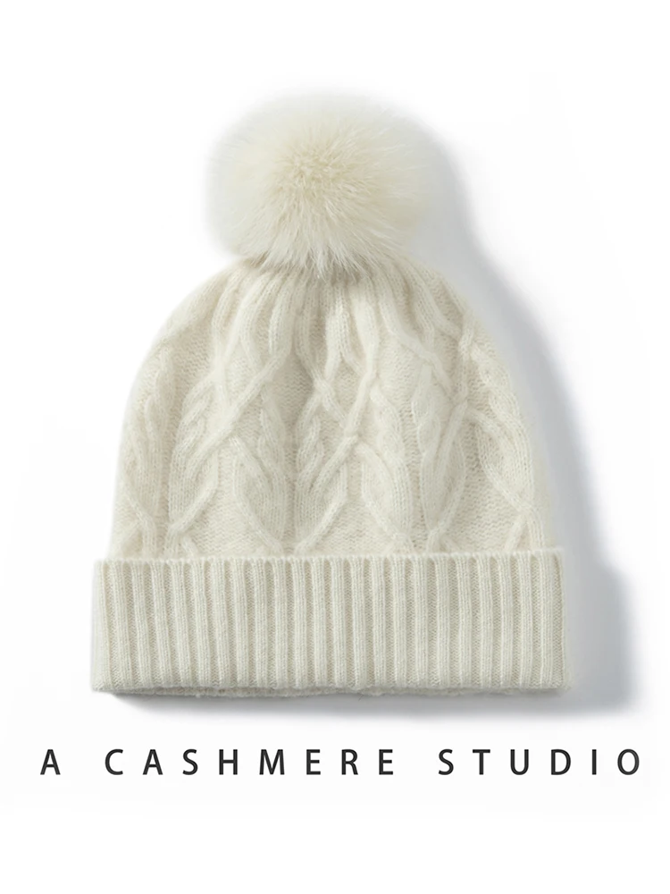 TLOML Women's 100% Cashmere Cable Knitting Hats Autumn Winter Cashmere Hat Warm Pullover Caps Casual Simple Style Cashmere Hats