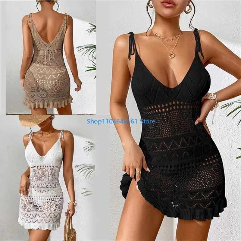 Women Hollow out Bathing Suit Cover Up Sexy Deep V-neck Beach-Dress Fashion Crochet Swimsuits Cover Up for Vacations