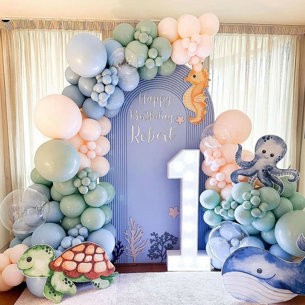 

136Pcs Fog Green Blue Orange Balloons Garland Arch Kit with Transparent Balloons for Ocean Animals Theme Kids Birthday Party