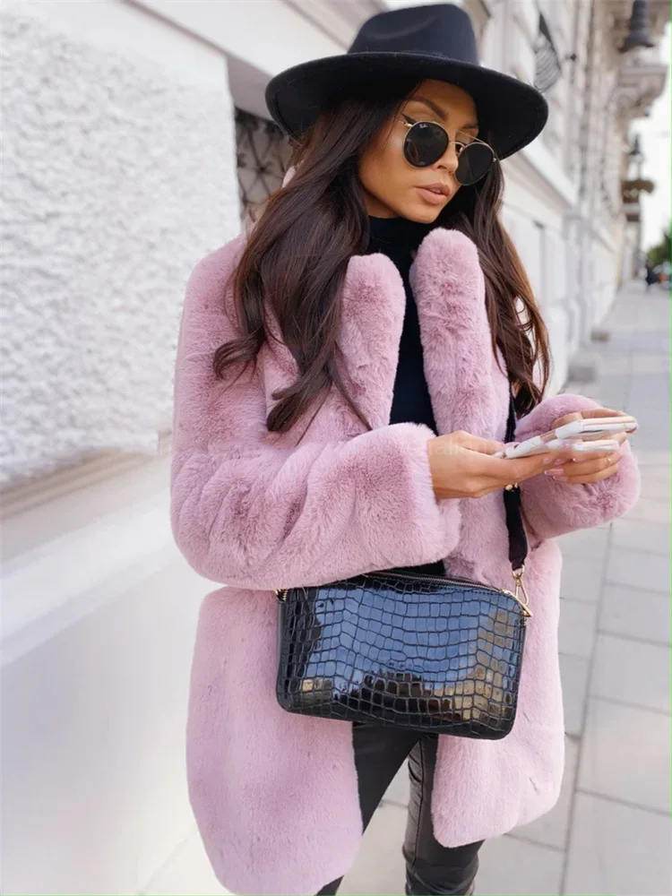 Faux Fur Coat Women Purple Long Sleeve Lapel Winter Coat 2022 New Fashion Temperament Office LadyWhite Fur Jackets Clothing Red