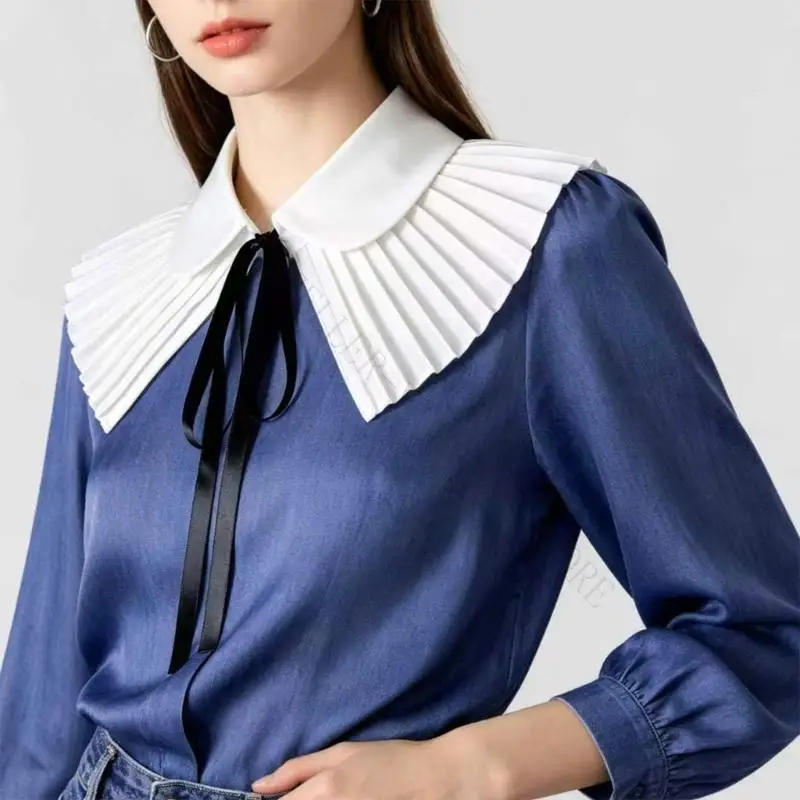 R7UF Removable Pleated Faux Collar with Ribbon Tie and Pointed Design, Detachable Collar for Sweater, Shirt, Dresses Styling