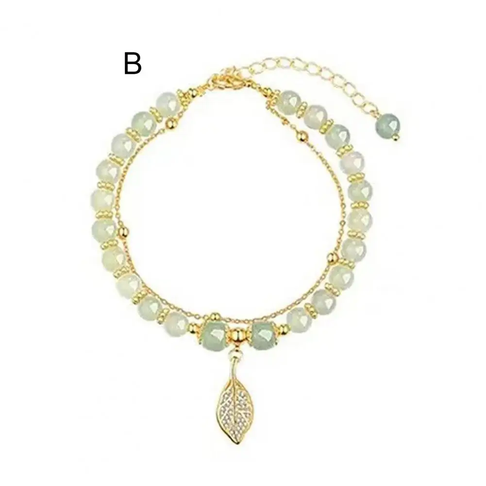 Faux Charm Bracelet Women’s Faux Jade Bead Bracelet with Leaf Peanut Pendant Adjustable Rhinestone Bangle Good Luck for Prom