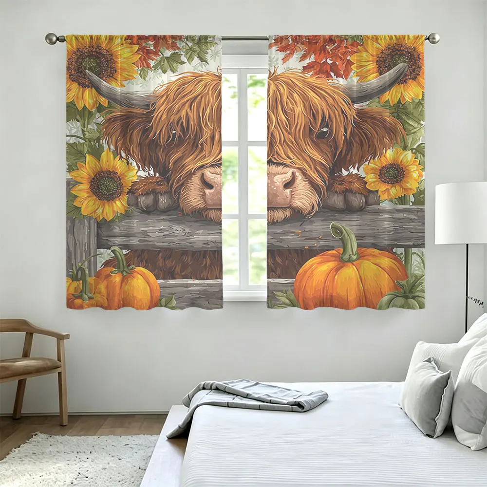 2Pcs Scottish Highland Cow Fence Pumpkin Autumn Rod Pocket Curtains Double Sided Window Drapes Light Blocking Privacy Curtain