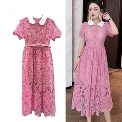 Dames Zomer Vintage Elegant Borduurwerk Holle Midi A Lijn Kanten Jurk Kantoor Dame Prom Avond Vestidos Met Riem Elbise Za