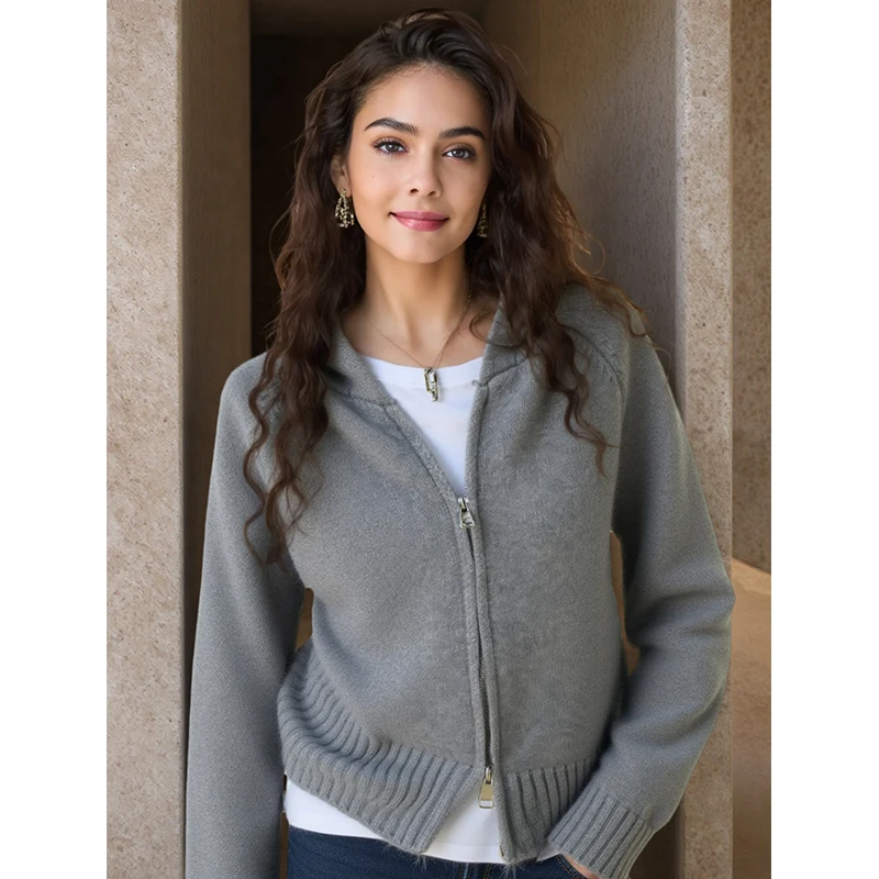 

Осенний однотонный свитер на молнии, пальто, новая мода, вязаный кардиган с капюшоном, милый свитер с длинными рукавами, 2025 элегантный трикотаж
