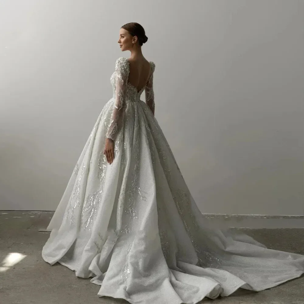

Customized A Line Bridal Gowns Square Neck Long Sleeve Wedding Dress Tailor Made Lace Beaded High Quality vestidos de novia