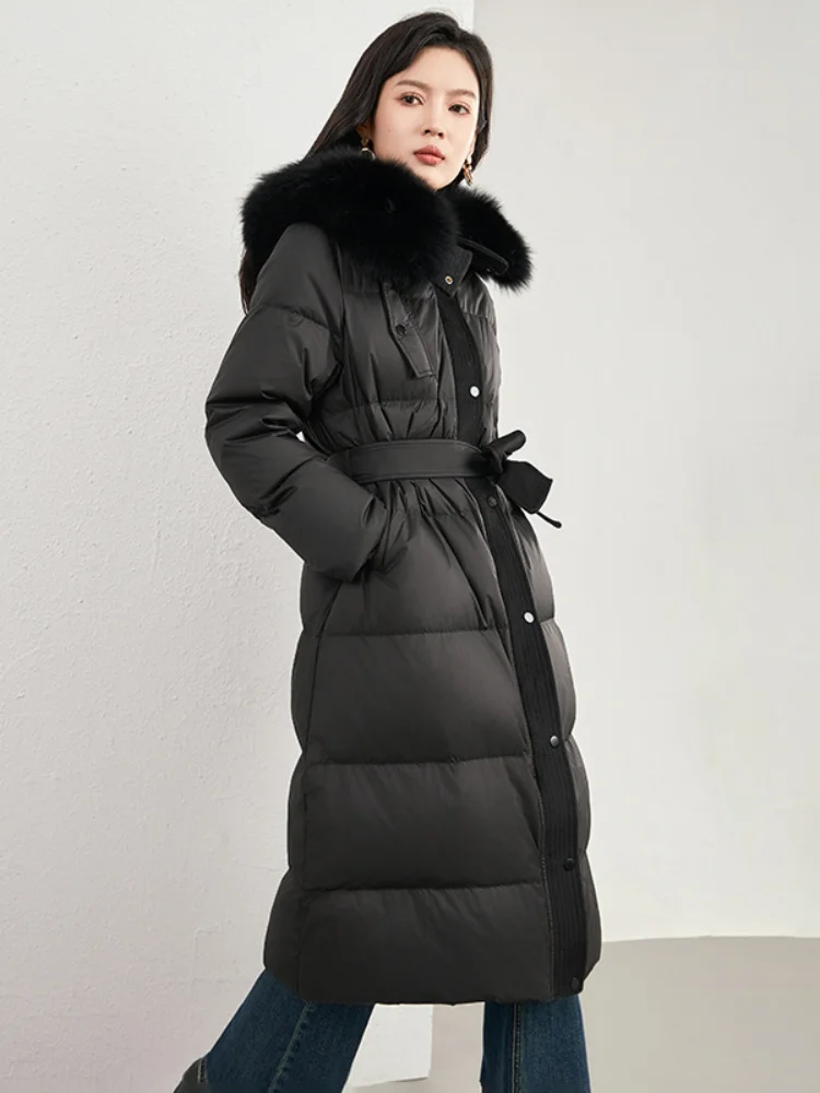 Hooded Long Down Jacket for Women, Warm Winter Coat, Fox Fur Collar, White Duck Down, Thicker with Belt, Lady Jackets