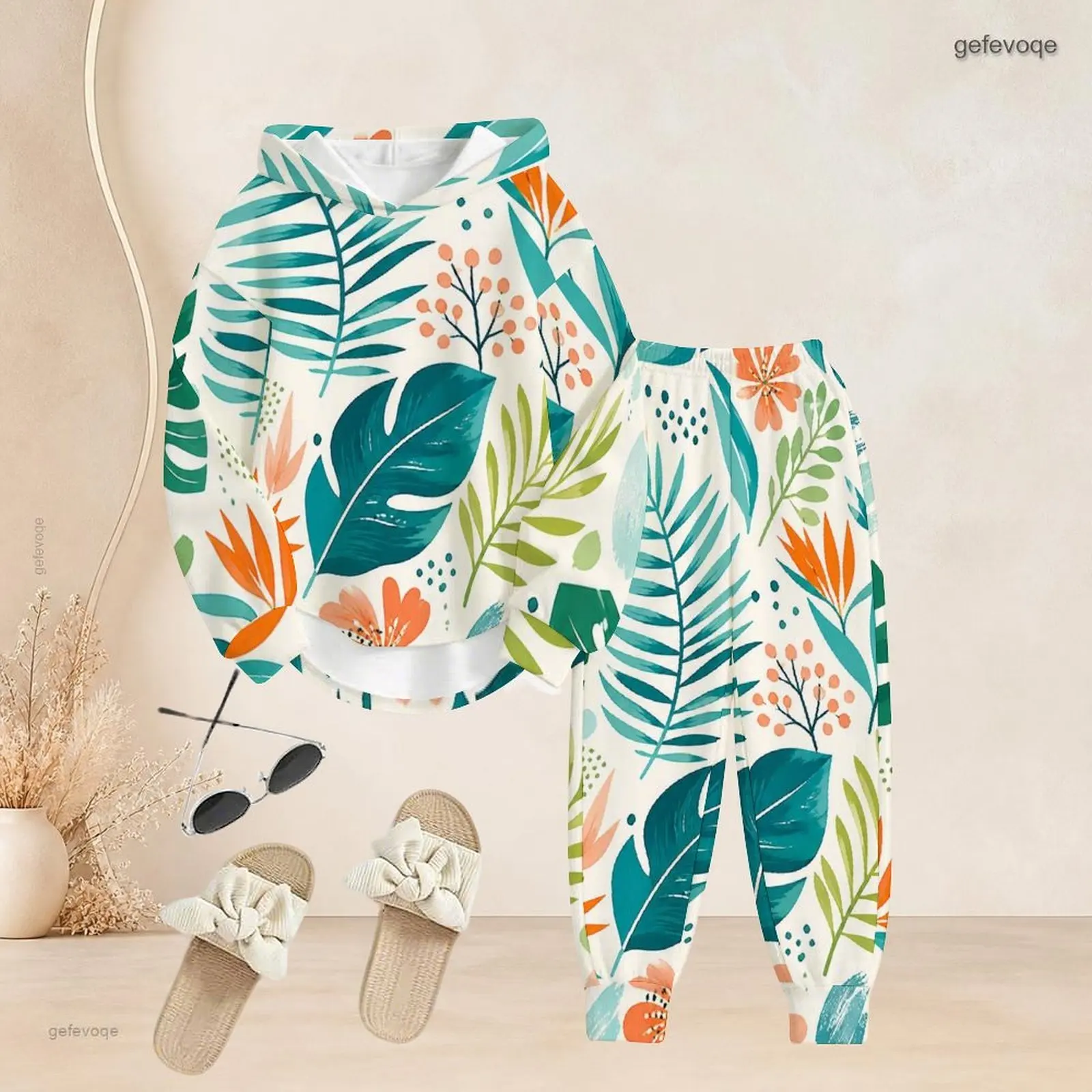 Tropical Leaf Printed 2 Piece Set, Long Sleeve Hooded Top and Cuffed Pants