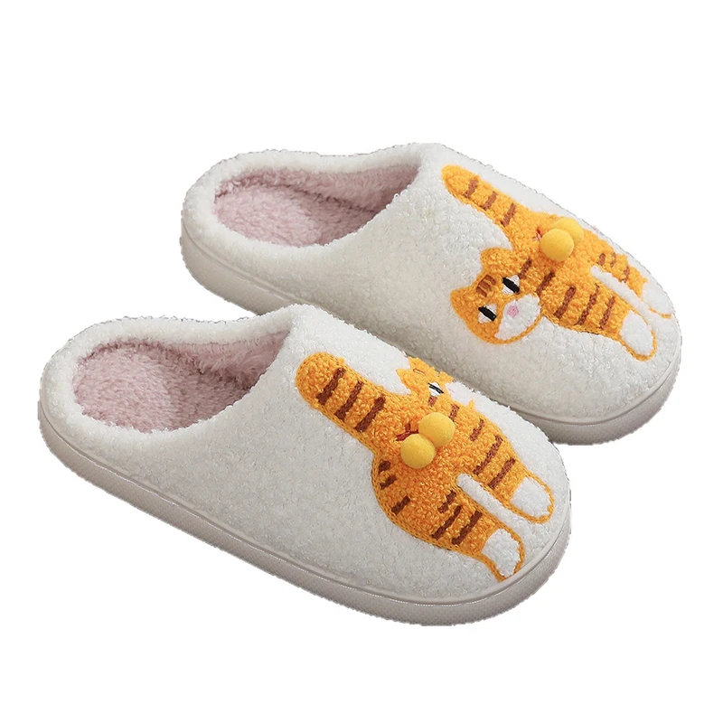 Orangefarbene Katzen-Plüsch-Hausschuhe für Damen, gemütliche Winter-Mules, Mädchen-Cartoon-Schuhe, lustige, flauschige Fell-Slides für drinnen, Unisex, rutschfest, warm – Detail 9