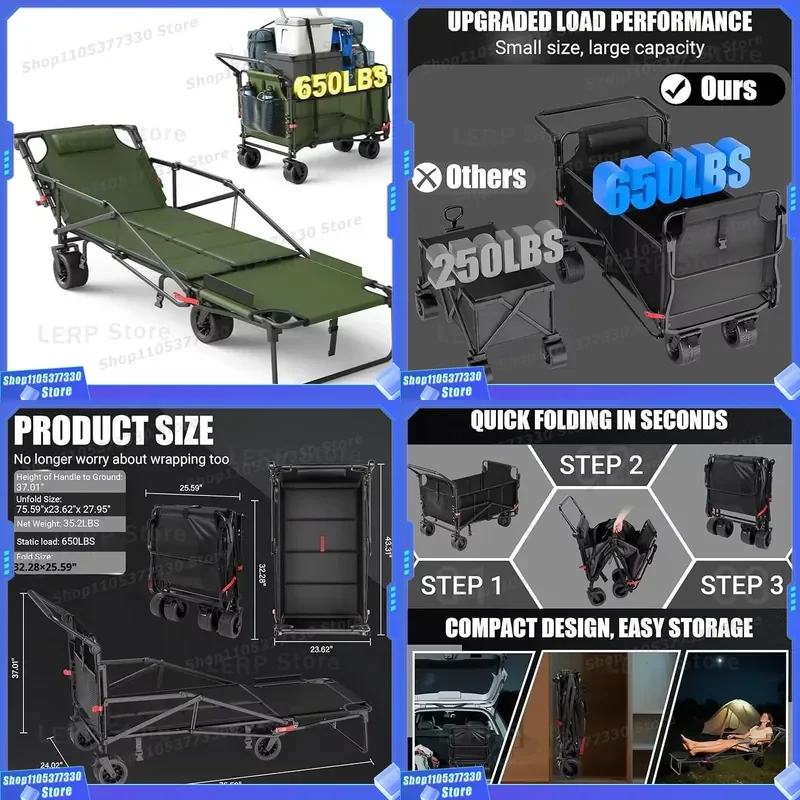 Outdoor Camping Folding Wagon Portable Heavy Duty Carbon Steel Oxford Fabric Four Wheel Storage Cart For Travel Picnic