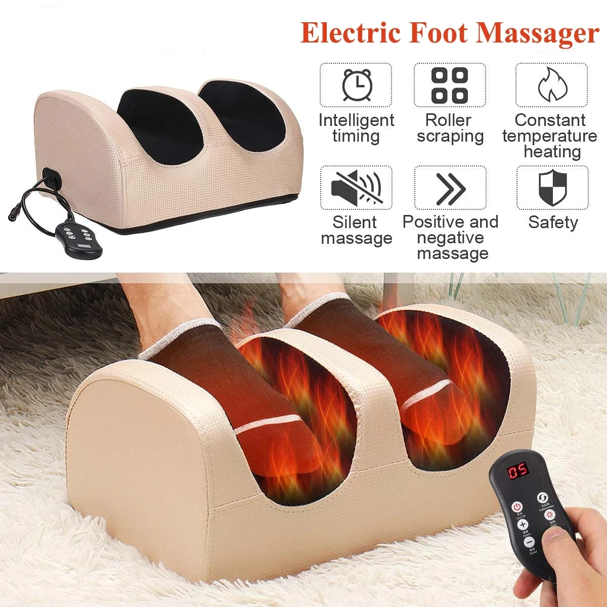 Hot Compression Electric Foot Massager Machine Heating Therapy with Remote Control Shiatsu Kneading Roller Vibrator Deep Muscles