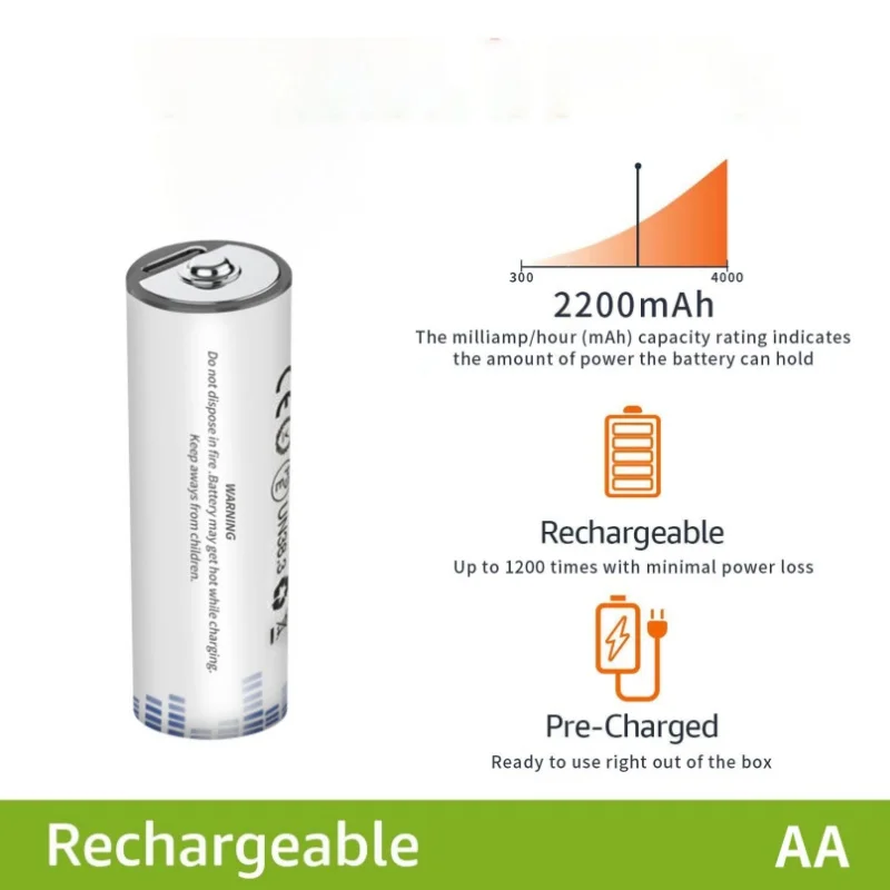 AA Rechargeable Battery 2200mWh USB 1.5V Rechargeable Li-ion Batteries for Remote Control Mouse Small Fan Electric Toy Battery