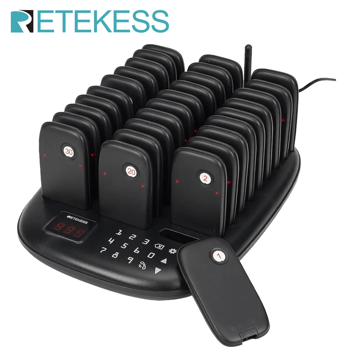 Retekess TD175P Restaurant Pager Wireless Calling System 30 Vibrator Buzzers Adjustable Keyboard Mode for Food Truck Cafe Bar