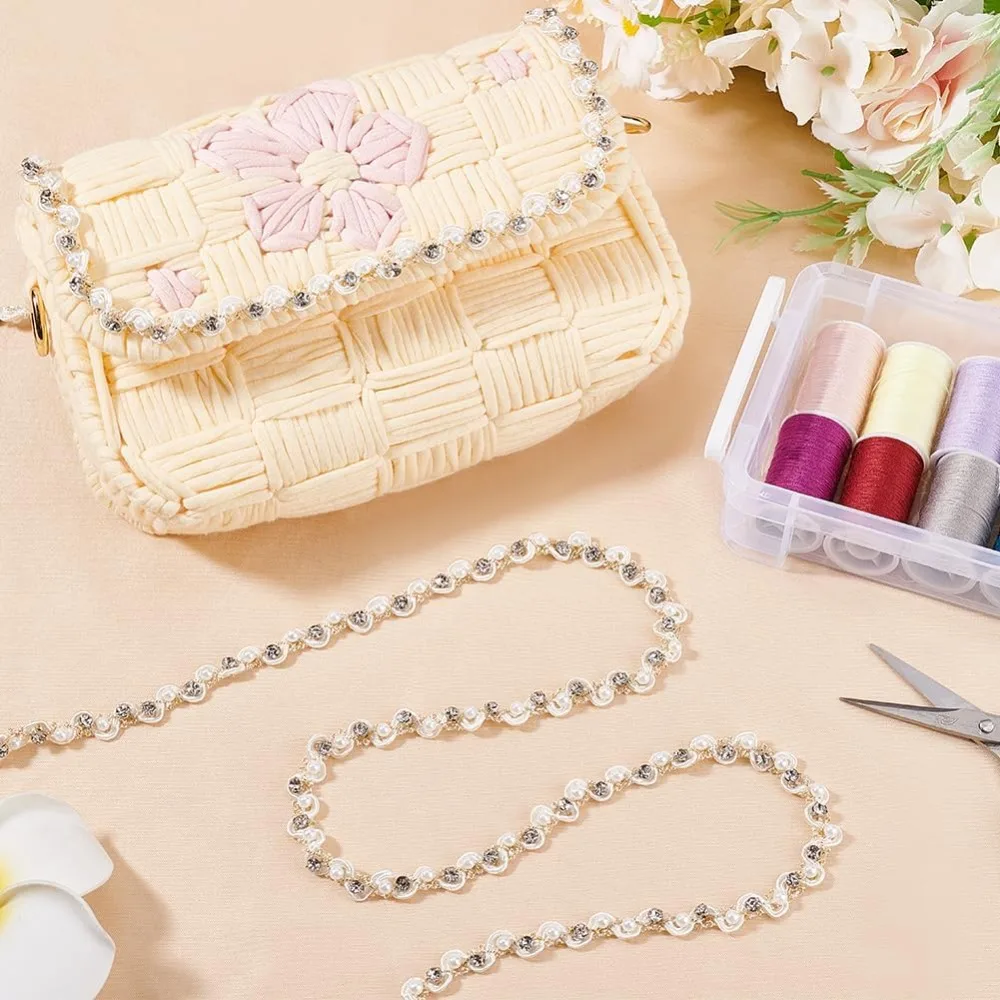 4 ياردة اللؤلؤ شريطة من الدانتيل 3/8 بوصة الأبيض متموج شريطة من الدانتيل اللؤلؤ هامش زين حجر الراين الدانتيل تقليم النسيج الأعرج جديلة الشريط