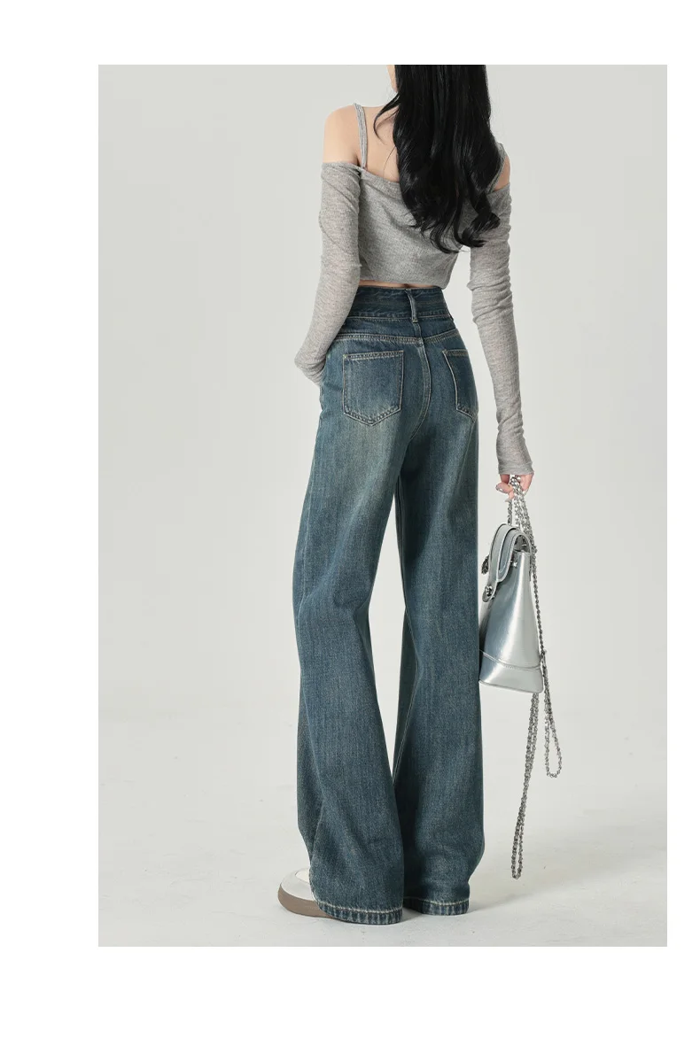 Schmal geschnittene Damenjeans mit weitem Bein, hoher Taille und hängendem Gefühl, gerades Bein, lässiger Look, schmale Hose in Kontrastfarben – Detail 3