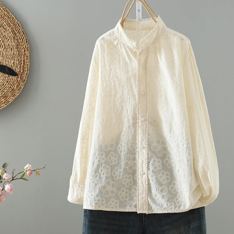 

Ele Pure Color Весна Осень Кружева Вышивка Цветок Длинный Све irt Воротник-стойка Винтаж Открытый Кардиган для девочек Смесь хлопка