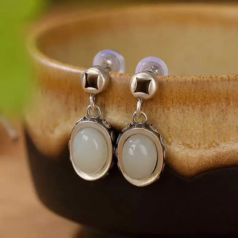 خمر Yuanbao الفضة 925 التصميم الكلاسيكي الطبيعي Hotan اليشم الأبيض النحاس عملة سحر أقراط امرأة خواتم مجموعات مجوهرات