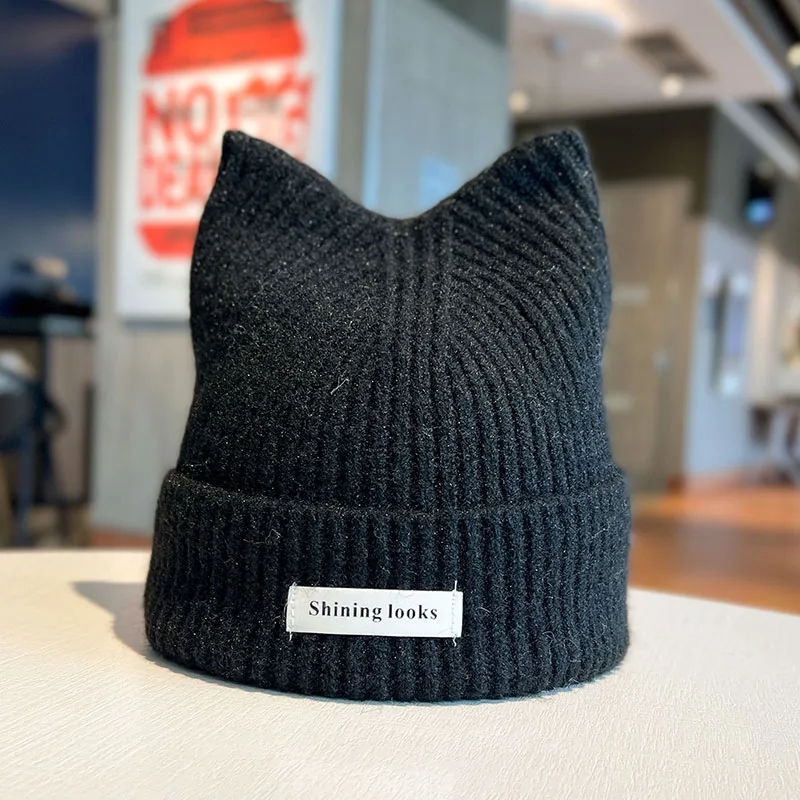 

2025 New Cute Cat Ear Letter Patch Wool Beanie for Women Autumn and Winter Warm Bonnet Versatile Simple Knitted Skullies Hat