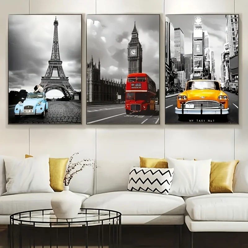3 مجموعات من الملصقات القماشية، برج، سيارة رياضية، حافلة حمراء، منظر المدينة باللونين الأبيض والأسود، ديكور منزلي جميل، هدية لصديق #3