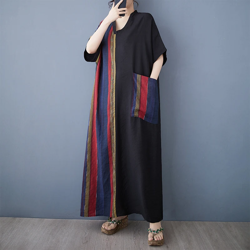 NYFS 2025 صيف جديد فساتين امرأة الخامس الرقبة Vestidos رداء Ete فام Elbise موضة مخطط كم قصير القطن الكتان فستان طويل