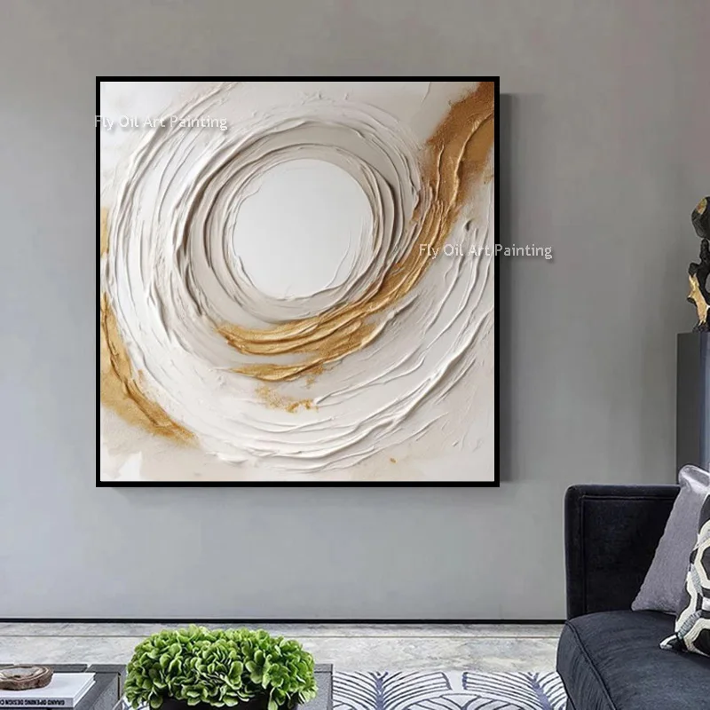 Gold Trim Concentric Textured Wall Art, Handmade Palette Knife Round Abstract Oil Painting, Entryway Home Decoration