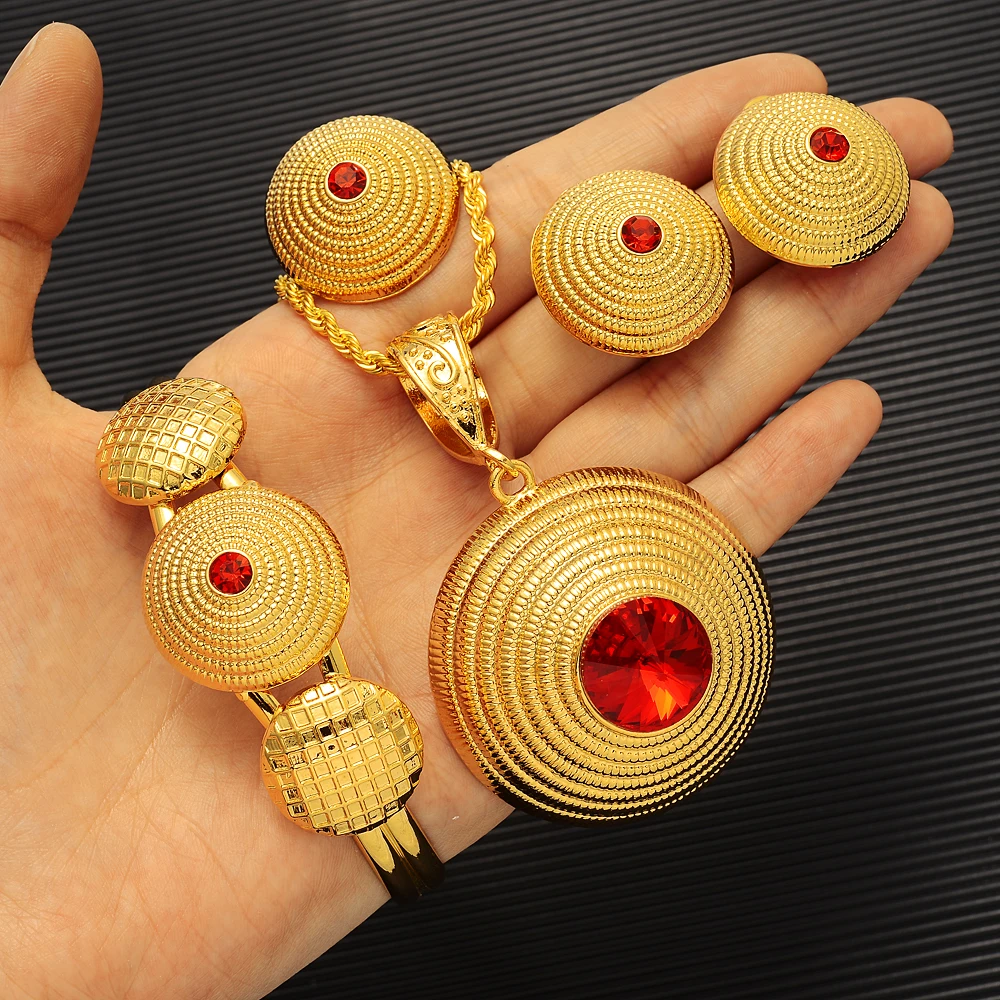 Ethiopian Eritrean Bride Gold Color Jewelry Sets with Stone African Ethnic Gifts Habesha Wedding