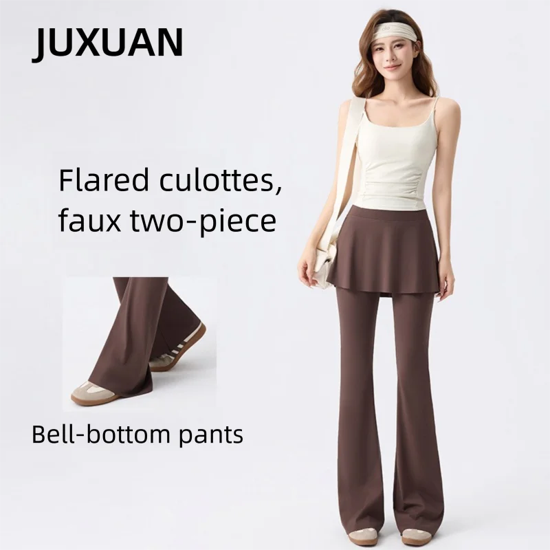 Women's High Waist Tummy Control Flared Yoga Pants with Skirt Overlay 2-in-1 Fall Outwear Sports Leggings for Gym Running