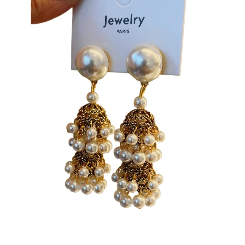 

Medieval style high sense fashion retro ethnic style pearl fringed long earrings sterling silver temperament earrings