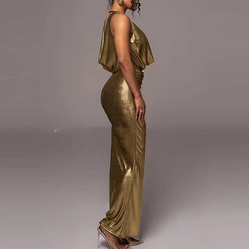 Casual Backless Hollow Solid Long Dresses Elegant V-neck Sleeveless Wrap Hip Dress Women Fashion Hight Waist Slim Evening Dress