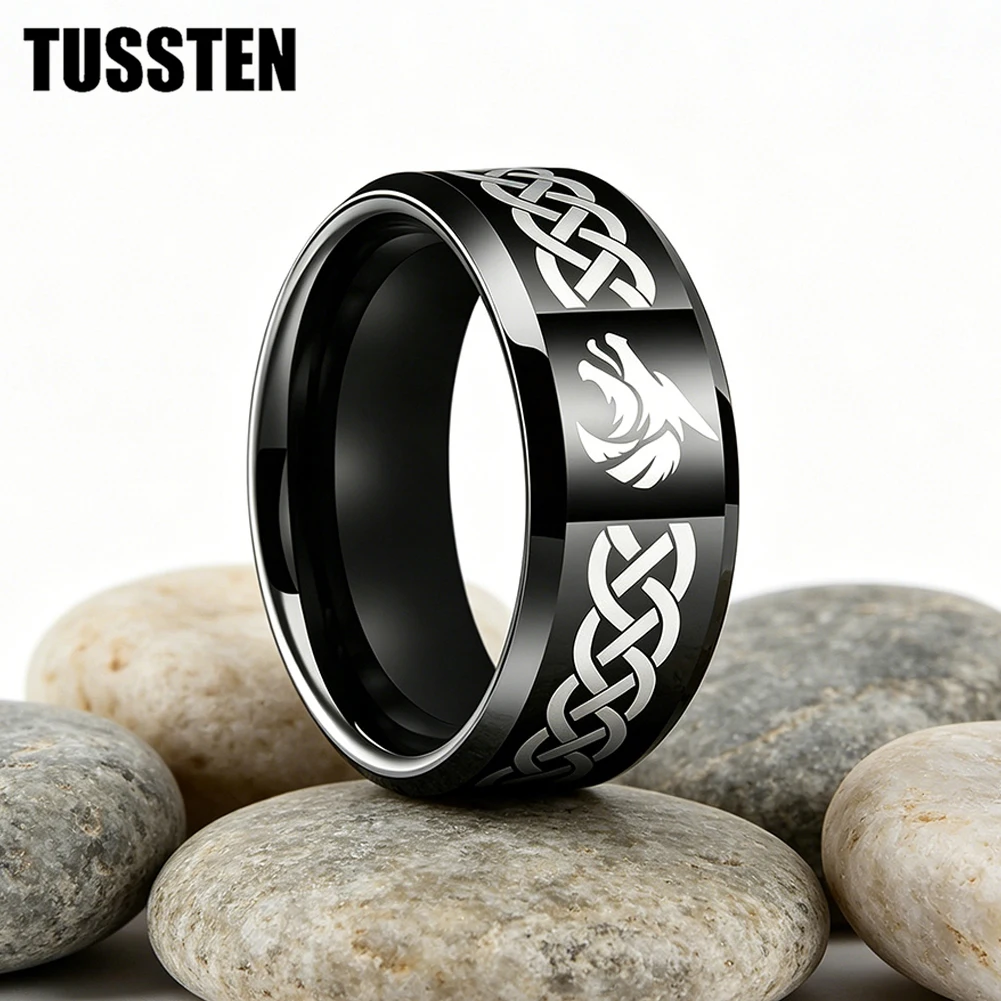 TUSSTEN 6/8MM Wedding tungsten ring for men and women Laser engraving of Celtic knots and wolf heads Comfort Fit